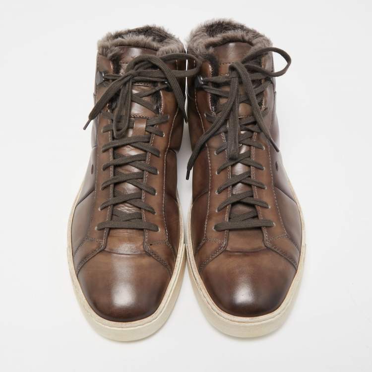 Pre Owned Santoni Brown Leather And Fur High Top Sneakers Size 44