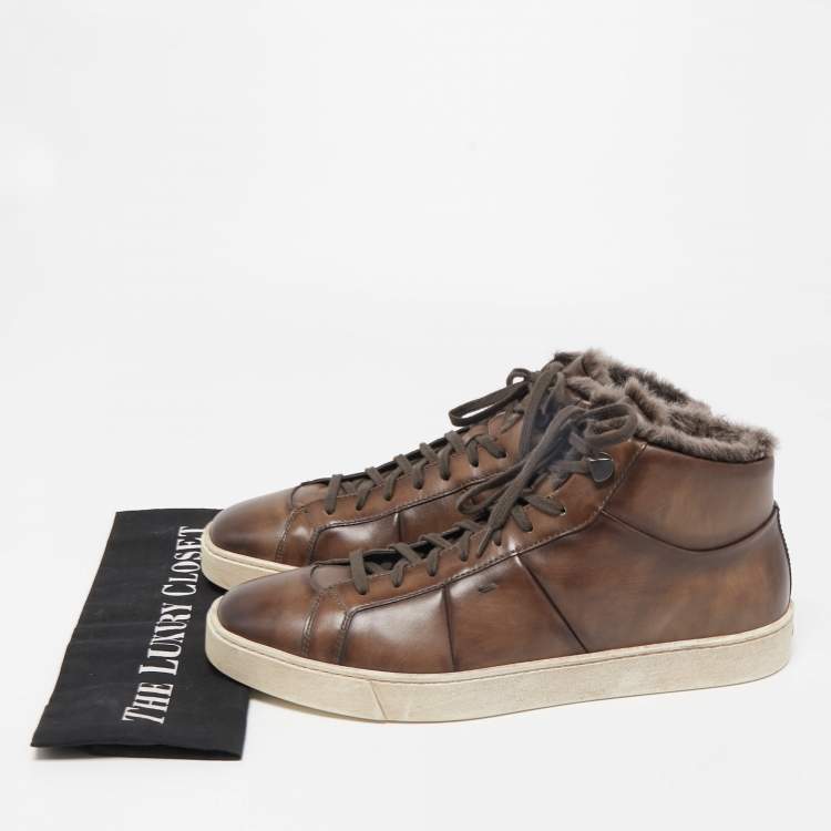 Pre Owned Santoni Brown Leather And Fur High Top Sneakers Size 44