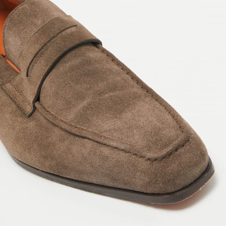 Pre Owned Santoni Brown Suede Penny Slip On Loafers Size 43.5
