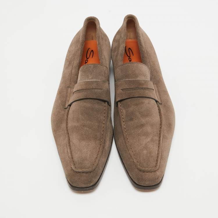 Pre Owned Santoni Brown Suede Penny Slip On Loafers Size 43.5