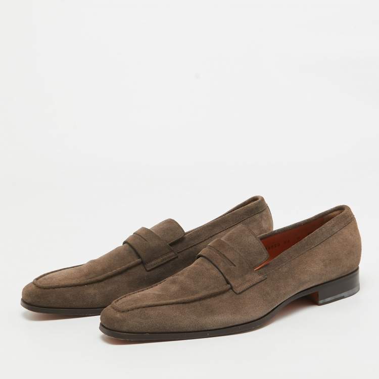 Pre Owned Santoni Brown Suede Penny Slip On Loafers Size 43.5