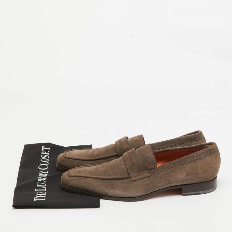 Pre Owned Santoni Brown Suede Penny Slip On Loafers Size 43.5
