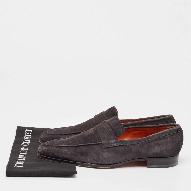 Pre Owned Santoni Grey Suede Penny Slip On Loafers Size 43.5