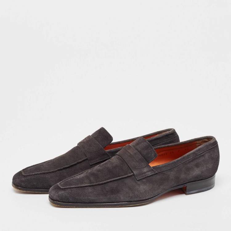 Pre Owned Santoni Grey Suede Penny Slip On Loafers Size 43.5