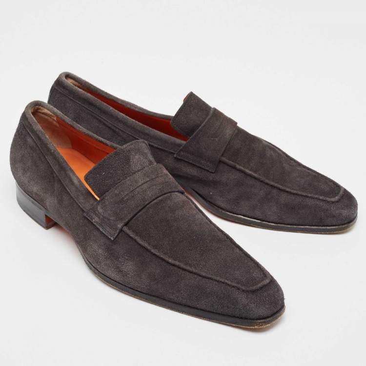 Pre Owned Santoni Grey Suede Penny Slip On Loafers Size 43.5