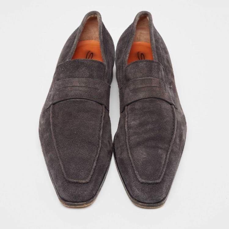 Pre Owned Santoni Grey Suede Penny Slip On Loafers Size 43.5
