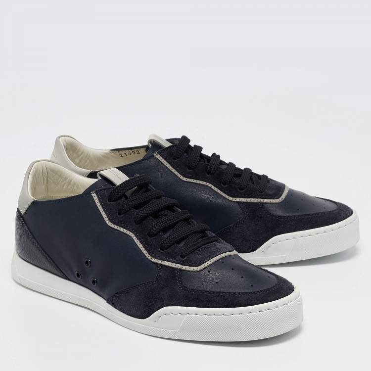 Pre Owned Santoni Navy Blue Suede and Leather Lace Up Sneakers Size 39