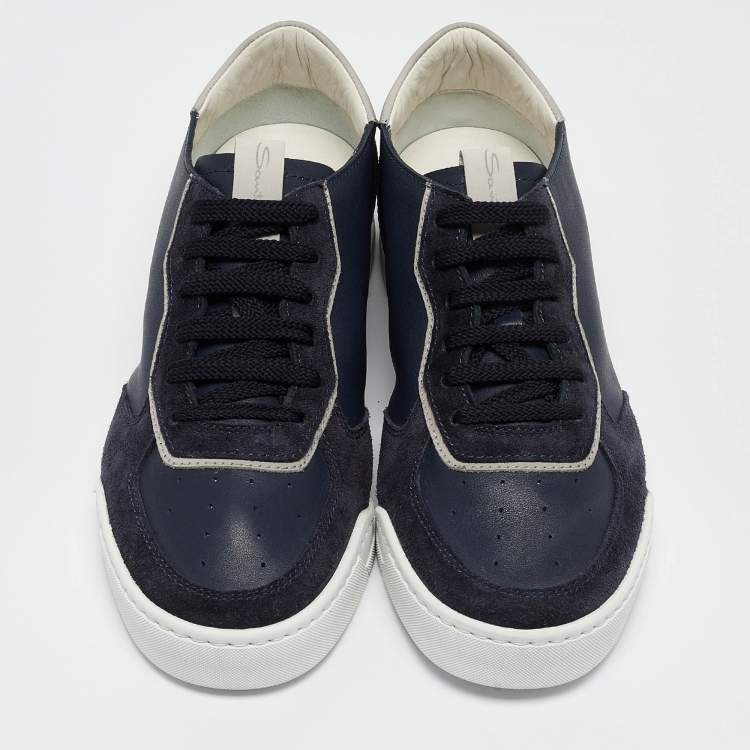 Pre Owned Santoni Navy Blue Suede and Leather Lace Up Sneakers Size 39