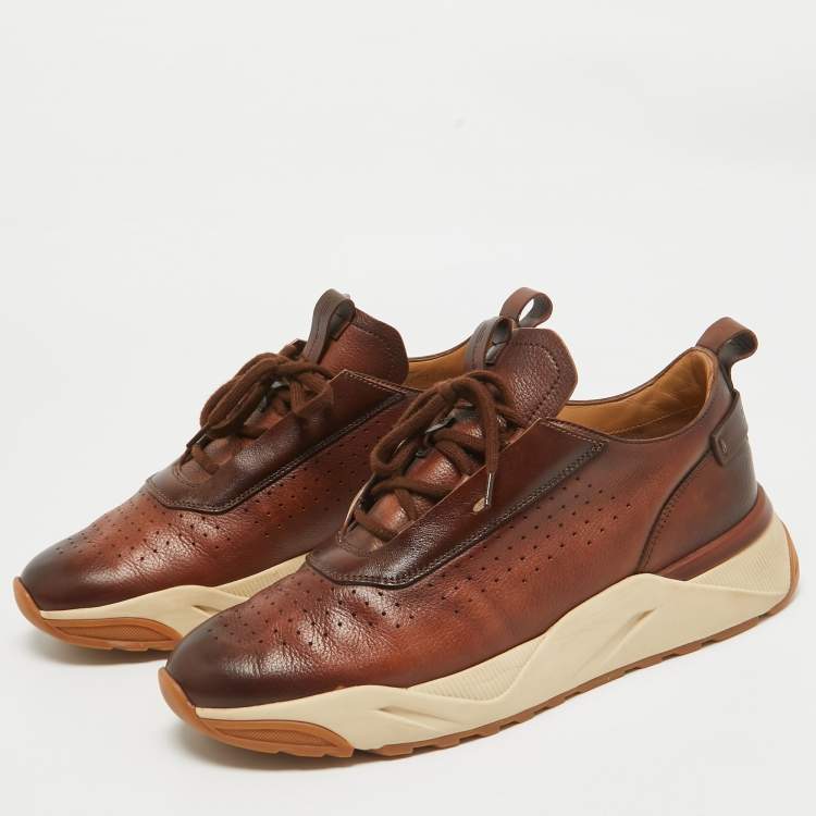 Pre Owned Santoni Brown Ombre Leather Low Top Sneakers Size 41