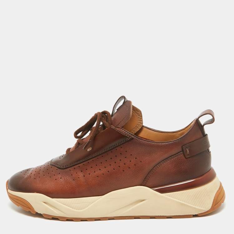 Pre Owned Santoni Brown Ombre Leather Low Top Sneakers Size 41