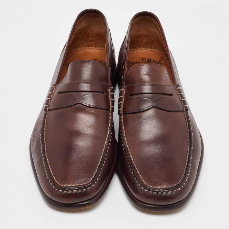 Pre Owned Santoni Dark Brown Leather Slip On Loafers Size 40.5