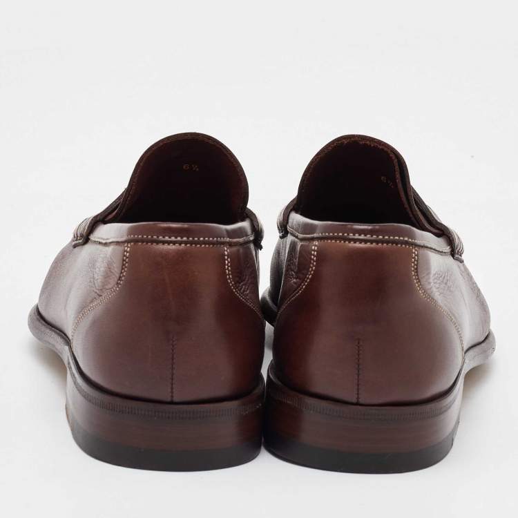 Pre Owned Santoni Dark Brown Leather Slip On Loafers Size 40.5