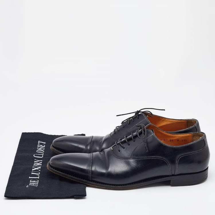 Pre Owned Santoni Black Leather Lace Up Oxfords Size 45.5
