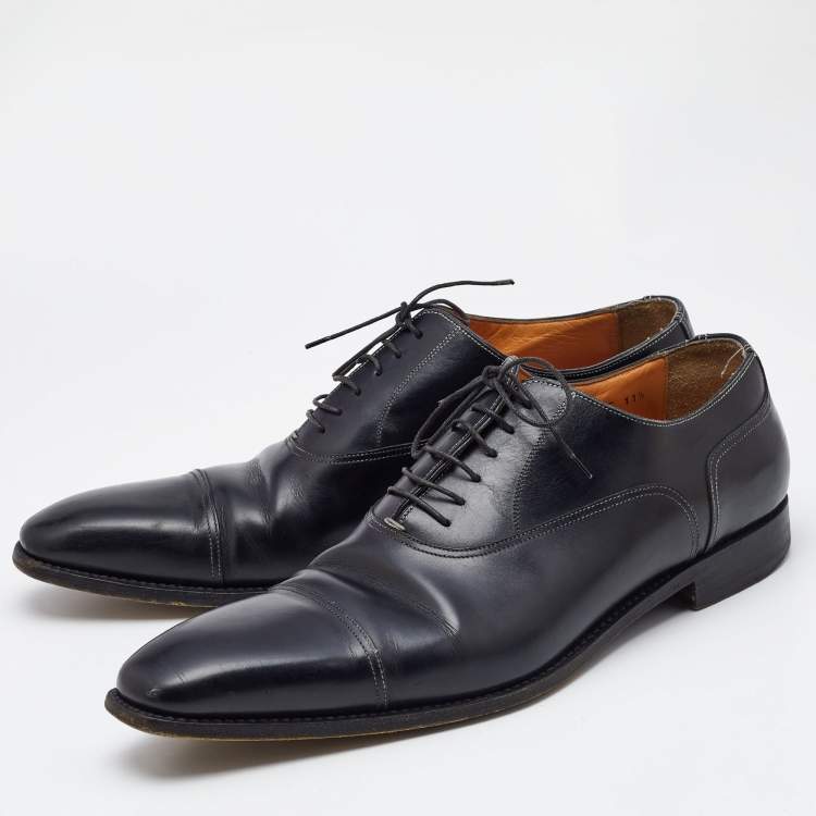 Pre Owned Santoni Black Leather Lace Up Oxfords Size 45.5