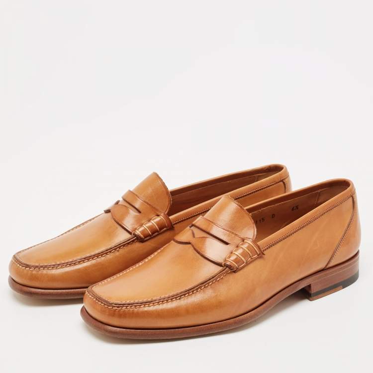Pre Owned Santoni Tan Leather Penny Slip On Loafers Size 40.5