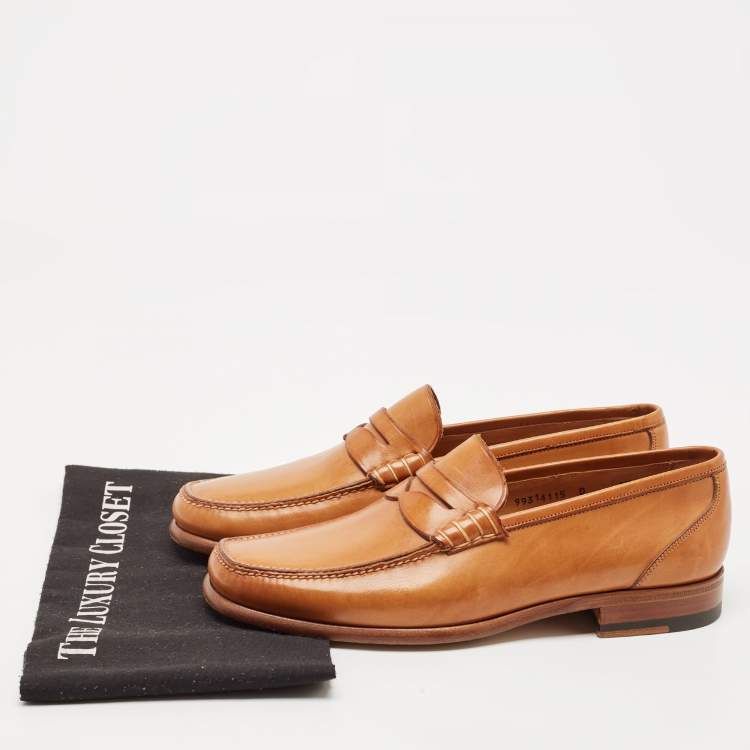 Pre Owned Santoni Tan Leather Penny Slip On Loafers Size 40.5
