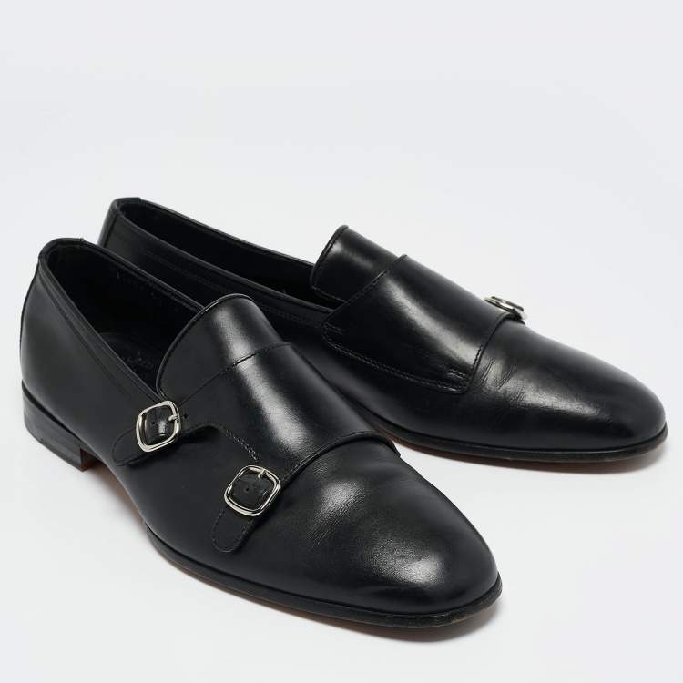 Pre Owned Santoni Black Leather Double Buckle Monk Derby Size 42