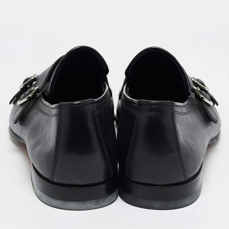 Pre Owned Santoni Black Leather Double Buckle Monk Derby Size 42