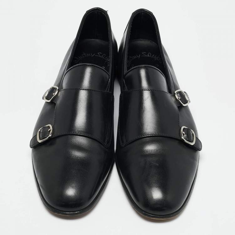 Pre Owned Santoni Black Leather Double Buckle Monk Derby Size 42