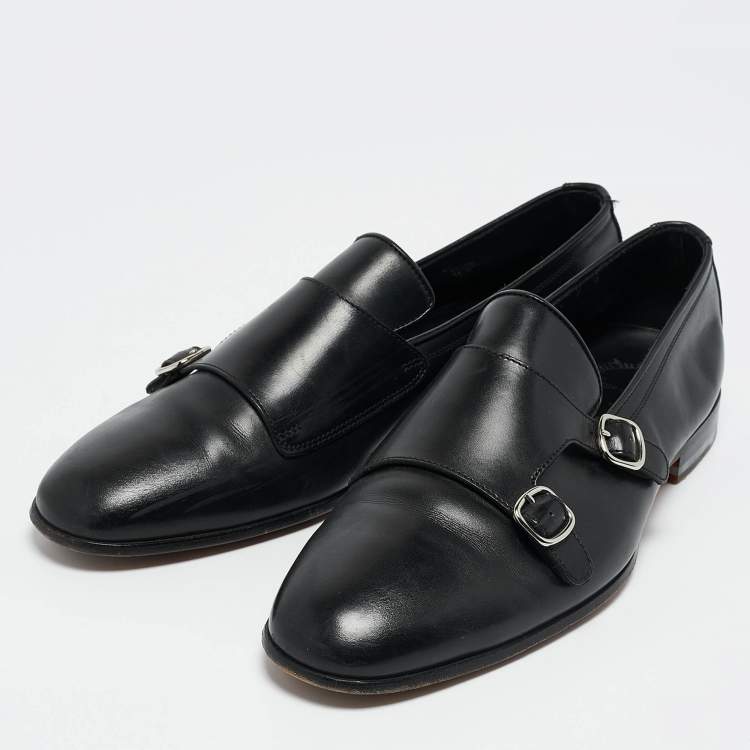 Pre Owned Santoni Black Leather Double Buckle Monk Derby Size 42
