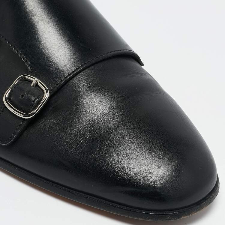 Pre Owned Santoni Black Leather Double Buckle Monk Derby Size 42