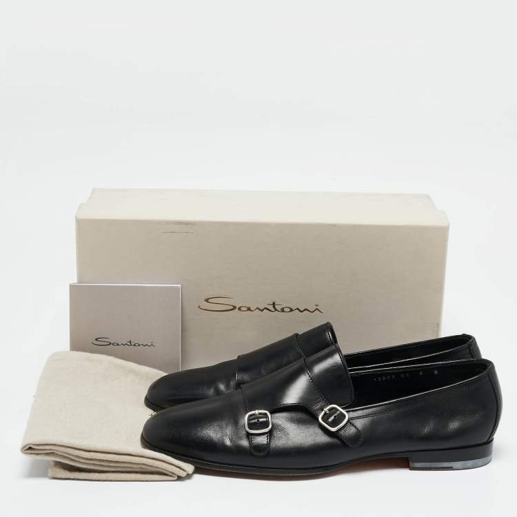 Pre Owned Santoni Black Leather Double Buckle Monk Derby Size 42