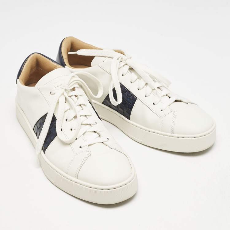 Pre Owned Santoni White/Navy Blue Leather Donni Lace Up Sneakers Size 42