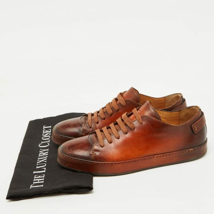 Pre Owned Santoni Brown Leather Lace Up Low Top Sneakers Size 40.5