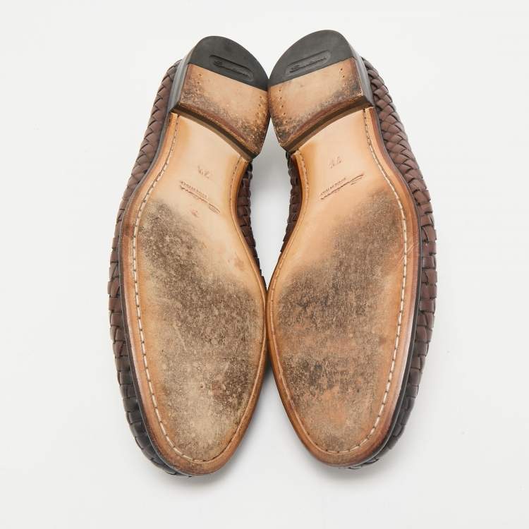 Pre Owned Santoni Ombre Brown Woven Leather Slip On Penny Loafers Size 40.5