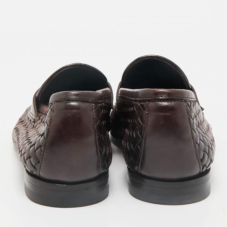 Pre Owned Santoni Ombre Brown Woven Leather Slip On Penny Loafers Size 40.5