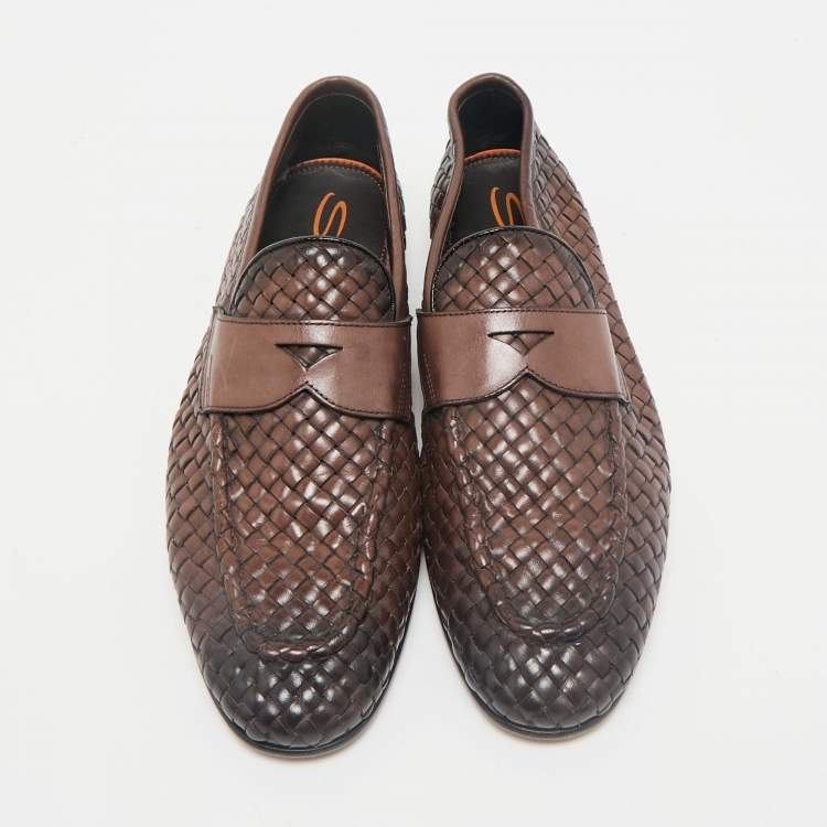 Pre Owned Santoni Ombre Brown Woven Leather Slip On Penny Loafers Size 40.5