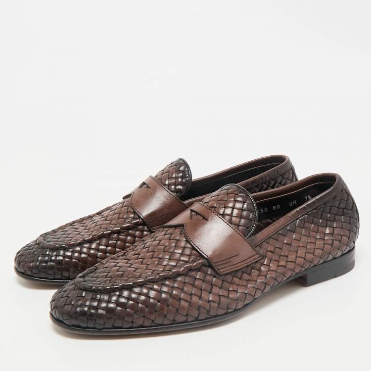 Pre Owned Santoni Ombre Brown Woven Leather Slip On Penny Loafers Size 40.5