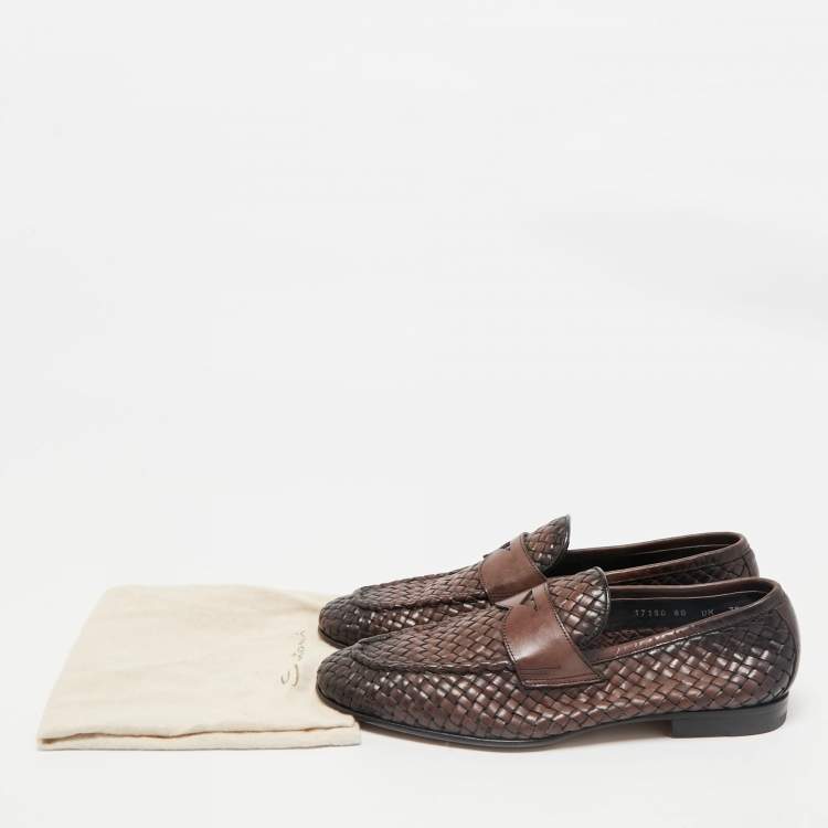 Pre Owned Santoni Ombre Brown Woven Leather Slip On Penny Loafers Size 40.5