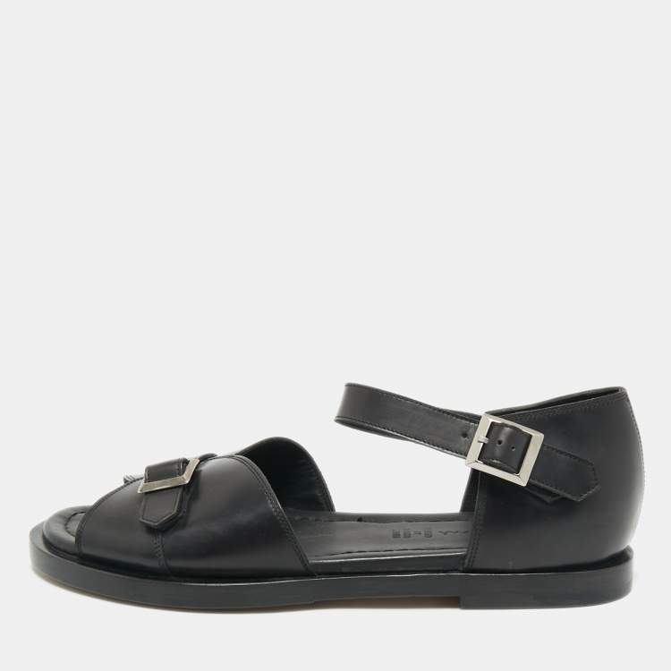 Pre Owned Santoni Black Leather Buckle Strap Flat Sandals Size 44
