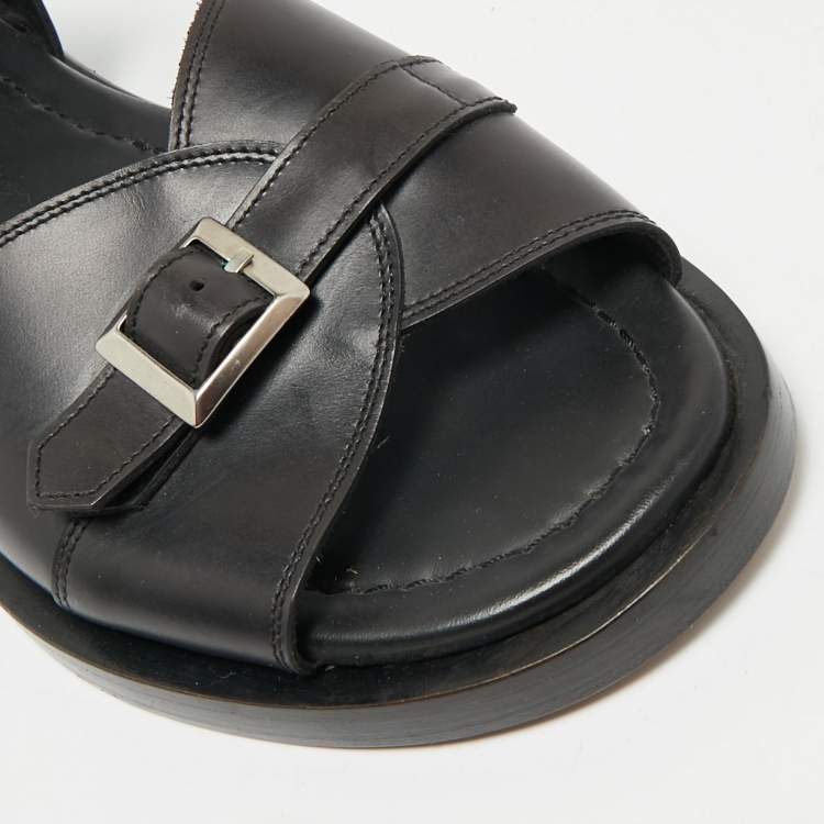 Pre Owned Santoni Black Leather Buckle Strap Flat Sandals Size 44