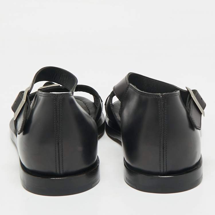 Pre Owned Santoni Black Leather Buckle Strap Flat Sandals Size 44