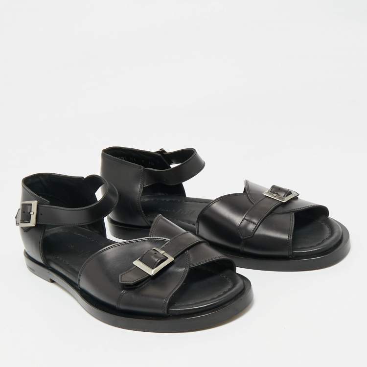 Pre Owned Santoni Black Leather Buckle Strap Flat Sandals Size 44