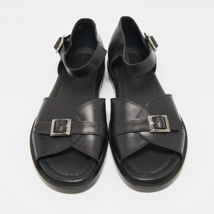 Pre Owned Santoni Black Leather Buckle Strap Flat Sandals Size 44