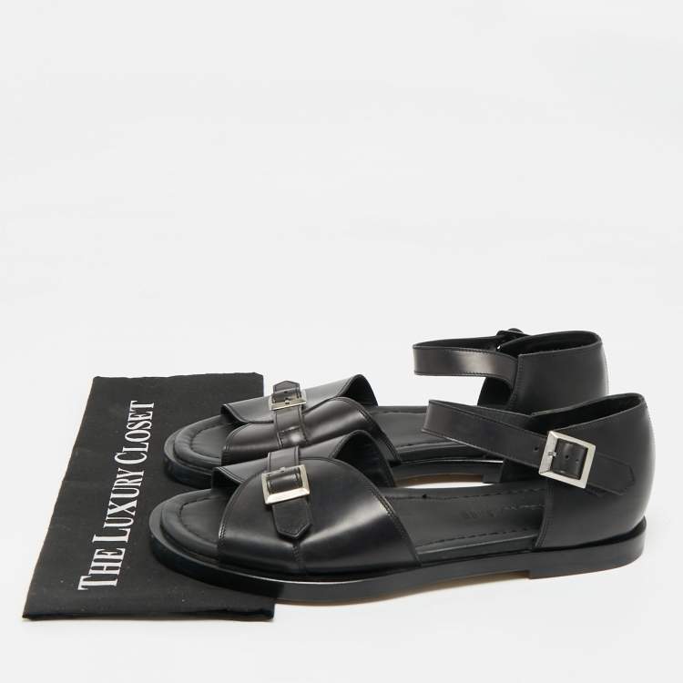 Pre Owned Santoni Black Leather Buckle Strap Flat Sandals Size 44