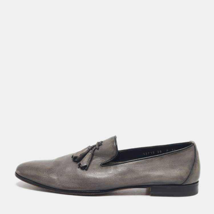 Pre Owned Santoni Grey Leather Tassel Detail Slip On Loafers Size 44