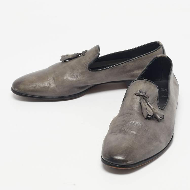 Pre Owned Santoni Grey Leather Tassel Detail Slip On Loafers Size 44