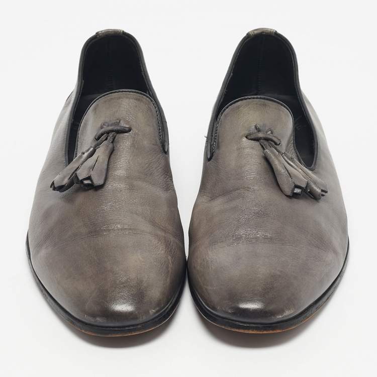 Pre Owned Santoni Grey Leather Tassel Detail Slip On Loafers Size 44