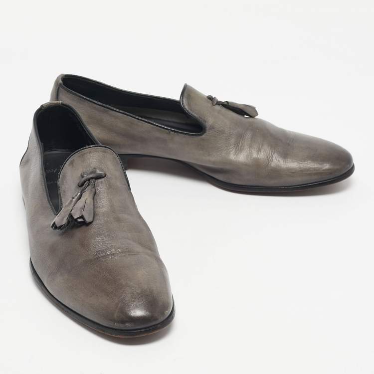 Pre Owned Santoni Grey Leather Tassel Detail Slip On Loafers Size 44