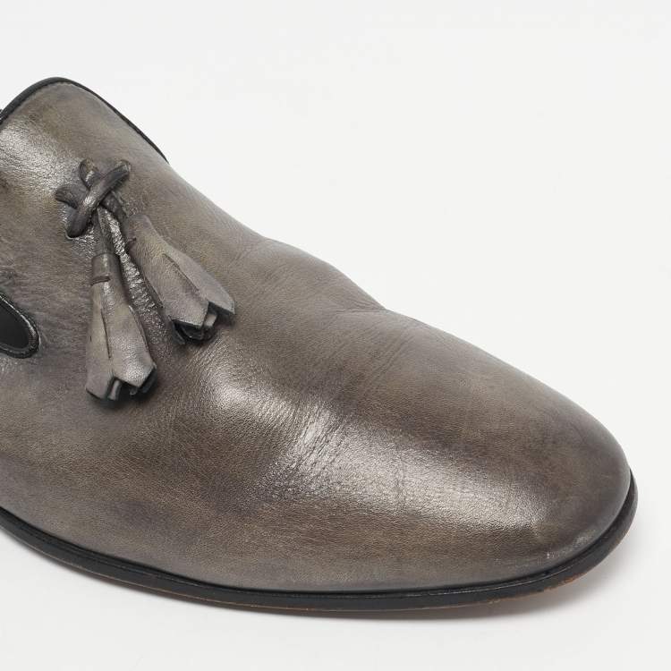 Pre Owned Santoni Grey Leather Tassel Detail Slip On Loafers Size 44