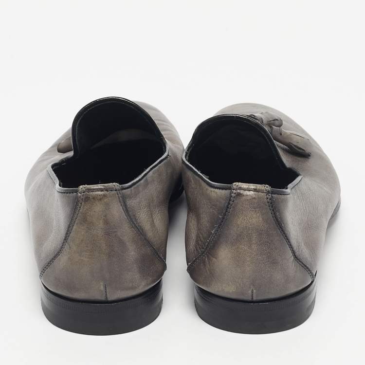 Pre Owned Santoni Grey Leather Tassel Detail Slip On Loafers Size 44