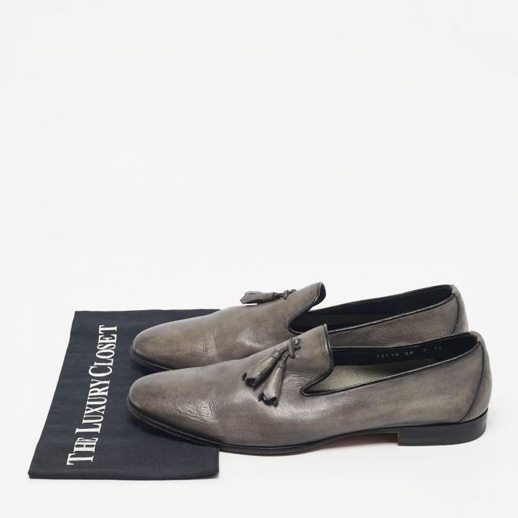 Pre Owned Santoni Grey Leather Tassel Detail Slip On Loafers Size 44