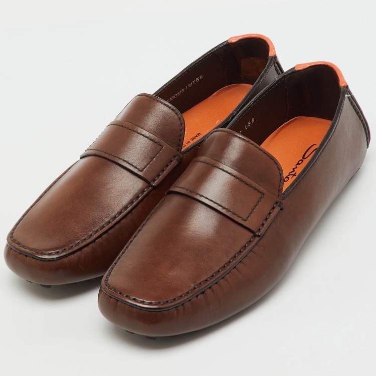 Pre Owned Santoni Dark Brown Leather Slip On Loafers Size 41