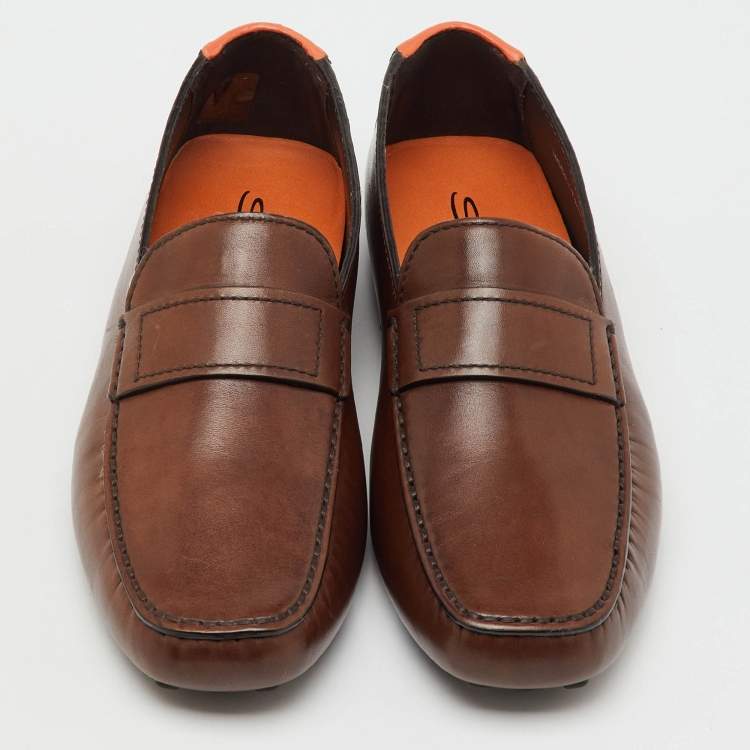 Pre Owned Santoni Dark Brown Leather Slip On Loafers Size 41