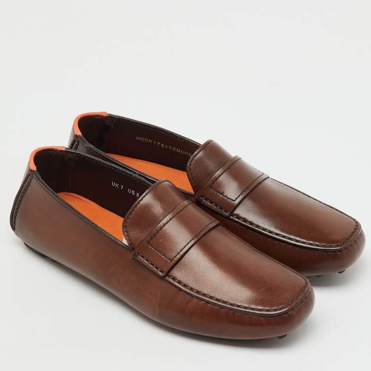 Pre Owned Santoni Dark Brown Leather Slip On Loafers Size 41