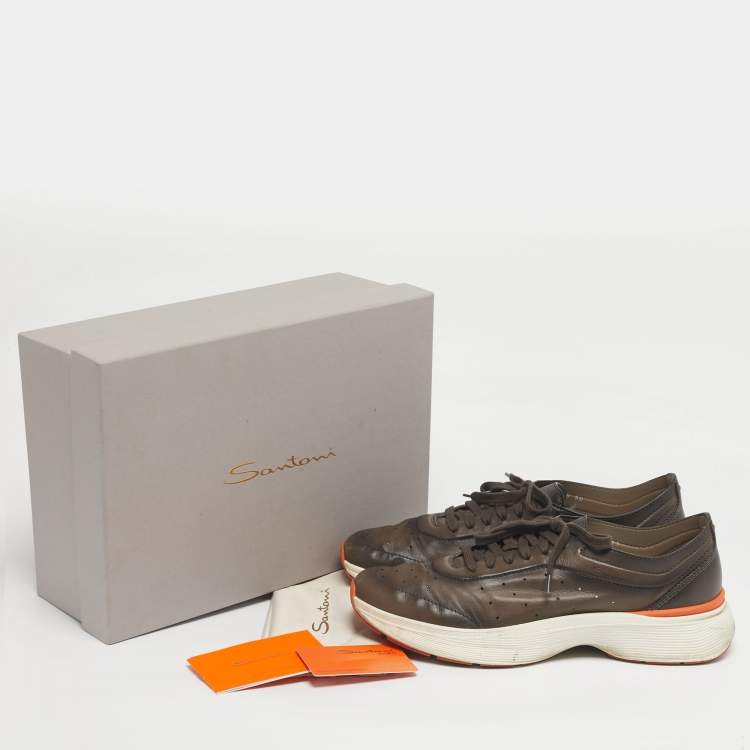 Pre Owned Santoni Grey Leather Bounce Lace Up Sneakers Size 44